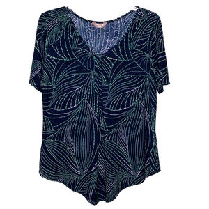 Women's SJS Drape Short Sleeve Blouse with Blue/Black and Green Leaf Design 1X
